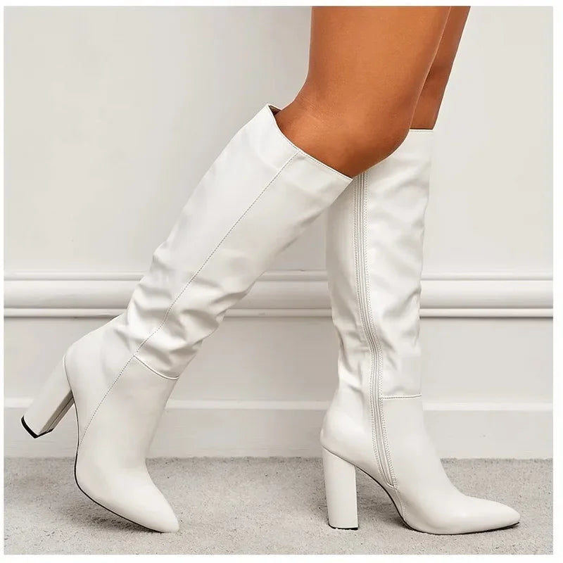 Sexy Pointed Toe Side Long Zipper Knight Boots Fashion Soft Leather Knee-high Women Boot Square High-heeledclub Dance Party Shoe - Merit Sell