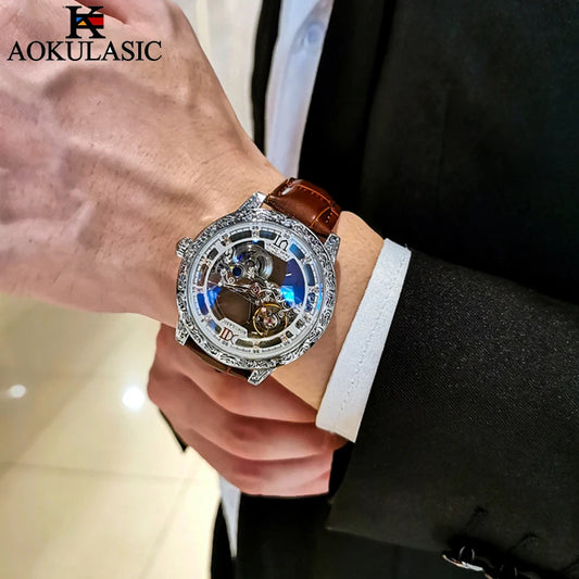AOKULASIC Luxury Leather Men Automatic Machinery Watch Retro Dial Design Double-Sided Hollow Out Tourbillon Waterproof Men Watch
