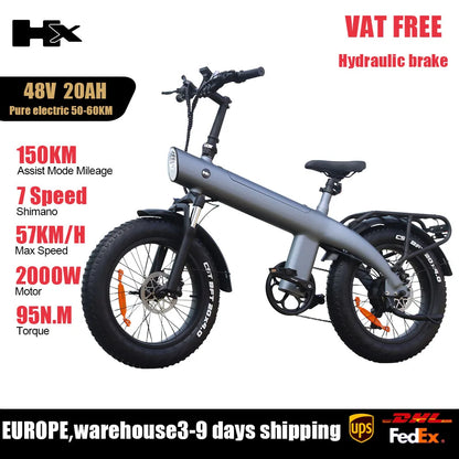 HX Q3 2000W Adult Electric Bicycle 48V 20AH E Bike Removable Battery Foldable Ebike 20 inch fat tire Electric Bike