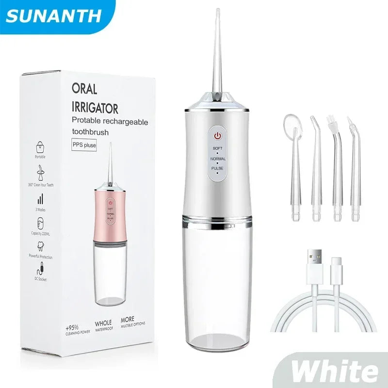 Oral Irrigator Portable Dental Water Flosser USB Rechargeable Water Jet Floss Tooth Pick 4 Jet Tip 220ml 3 Modes IPX7 1400rpm