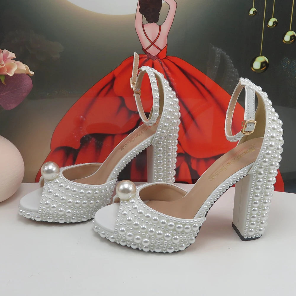 2024 New Arrival Customized White Female Sandals Bridal shoe bag set woman Thin Heel Big Pearl Girls fashion Sandals party Shoes
