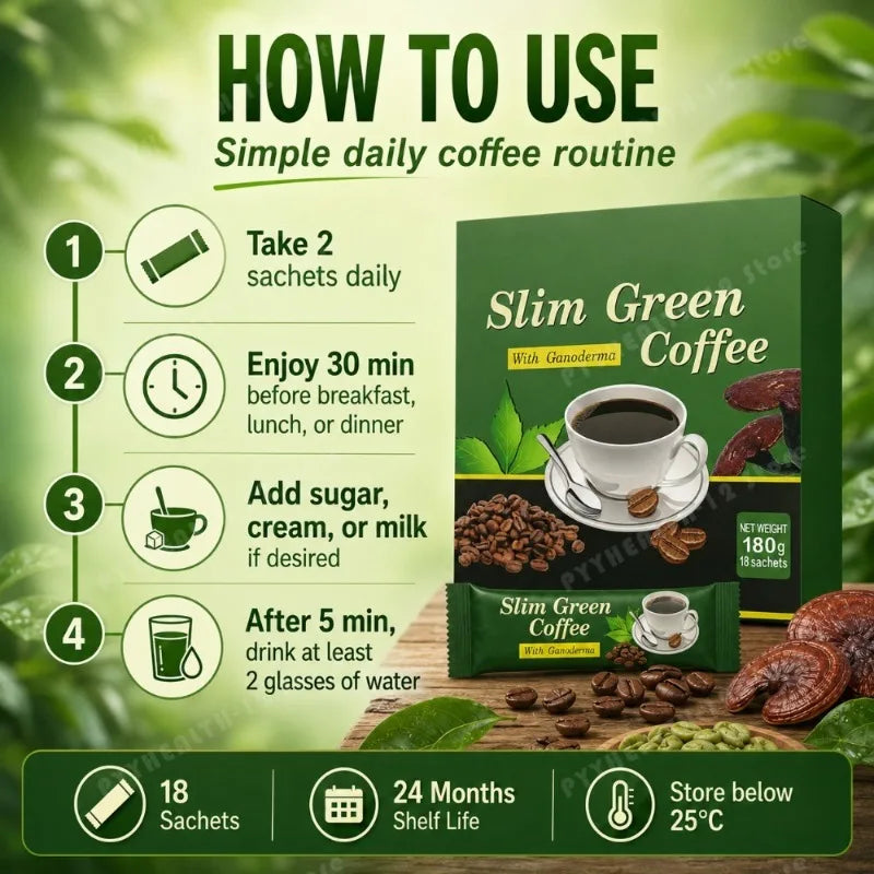 Slim Green Coffee Ganoderma Green Tea Extract L Carnitine Garcinia Ginseng Guarana Instant Coffee Supplement 18 Sachets 180g