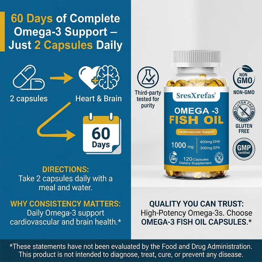 Fish Oil 1000 Mg  | Omega 3 + EPA & DHA | Brain Heart Joints Skin and Immune Support | 120 Count Non-GMO Softgels Supplements