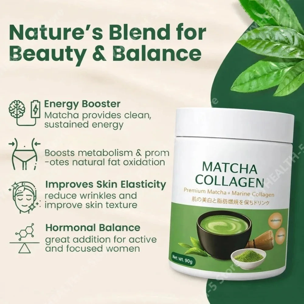 Matcha Collagen Powder 90g with Marine Collagen Green Tea Blend Daily Beauty Wellness Drink Mix for Hair Skin Nails Support