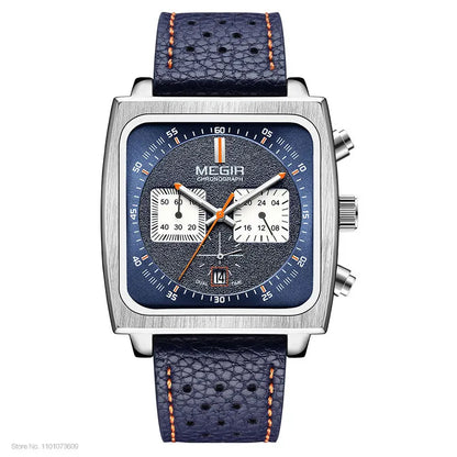MEGIR Square Dial Chronograph Quartz Watches for Men Fashion Blue Leather Strap Casual Sport Wristwatch with Date 24-hour 2182
