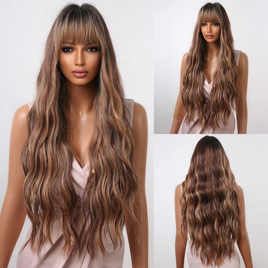 ALAN EATON Long Curly Wavy Synthetic Wigs for Women Brown to Blonde Ombre Hair Wig Ntural Middle Parted Party Wig Heat Resistant