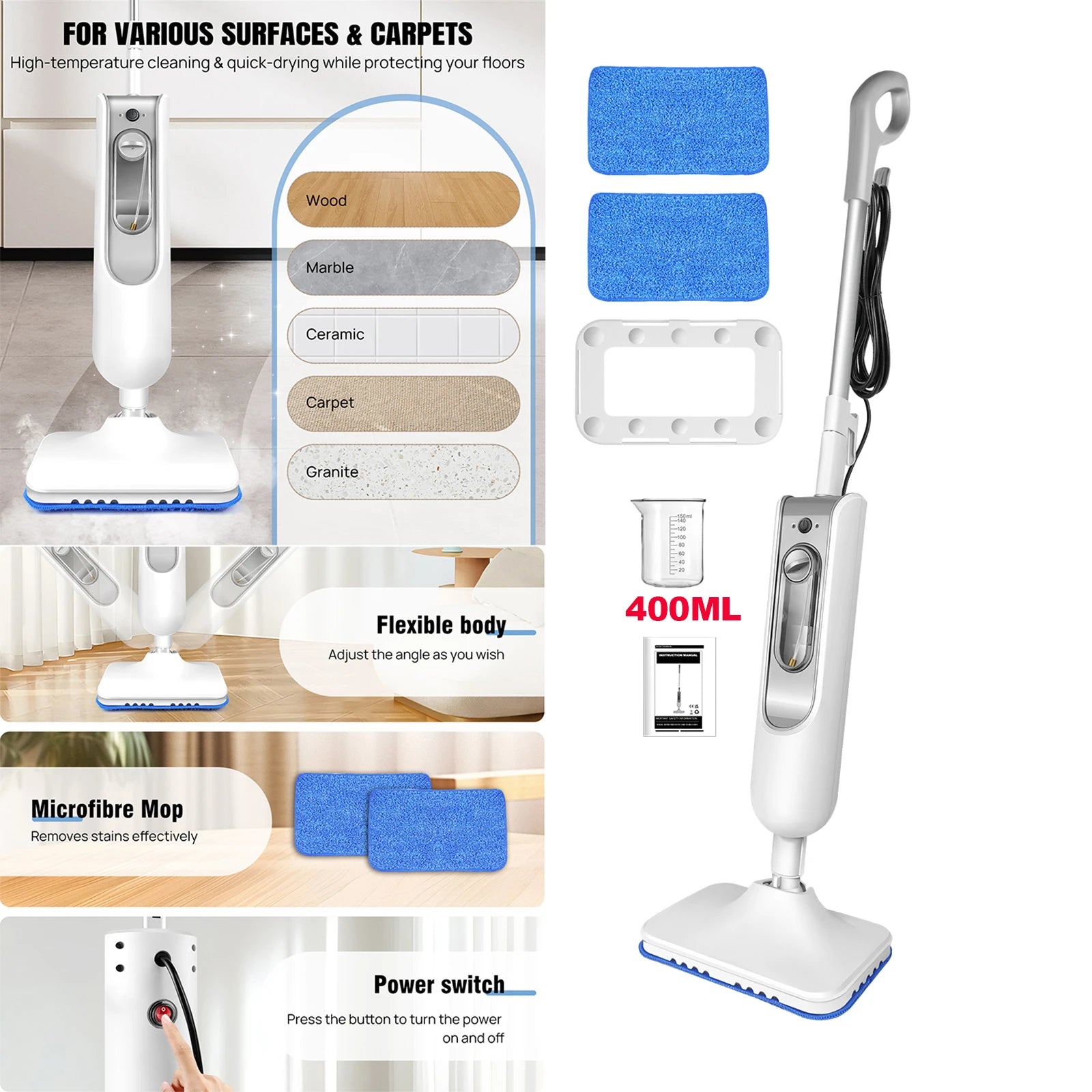 Steam Mop&Detachable Steam Cleaner,1500W Powerful Floor Steamer,Removes up to99.9%of Bacteria andViruses,for Carpet Clean,400ml - Merit Sell