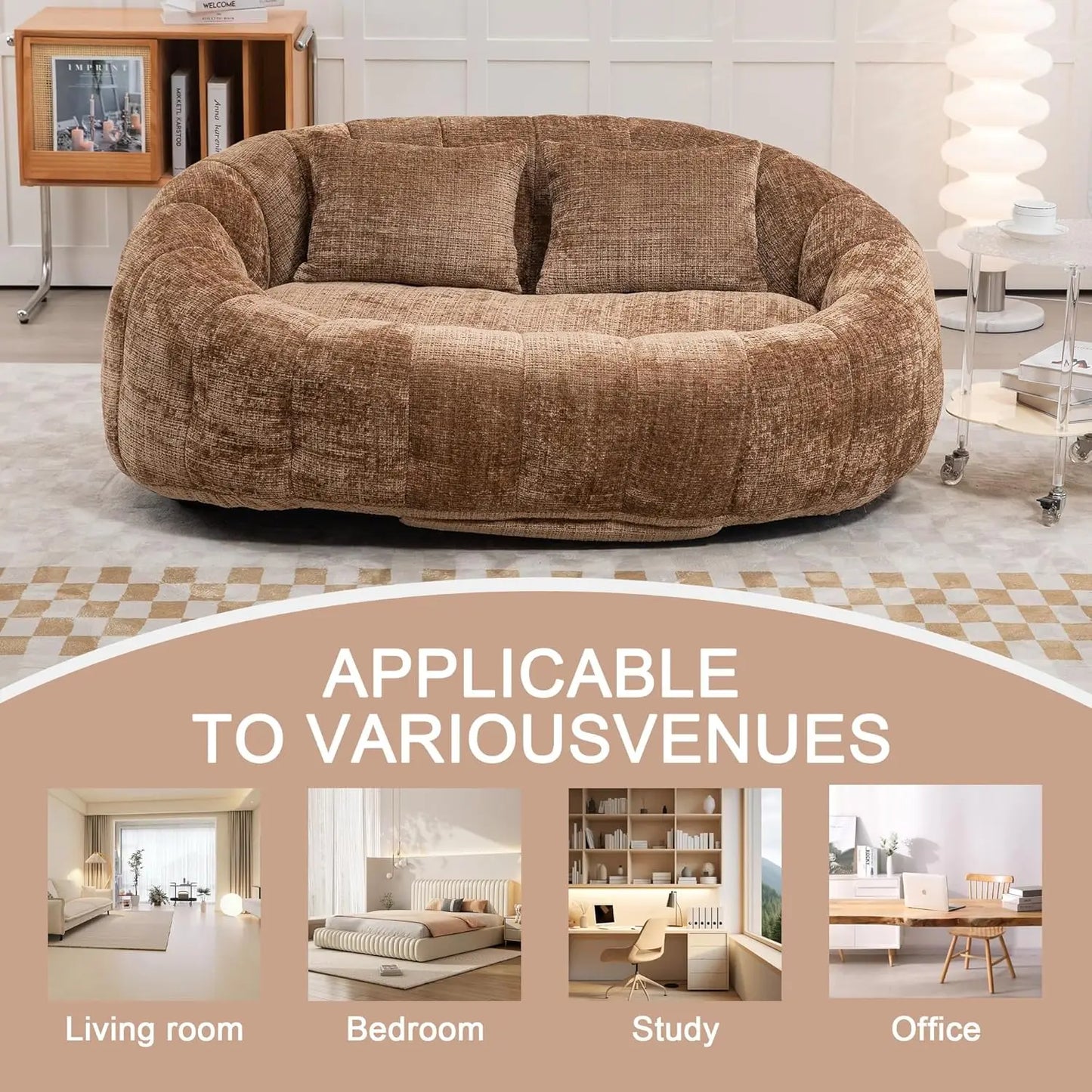 Bean Bag Sofa, Comfy Loveseat Sofa with 2 Pillows, Soft Giant Bean Bag Chair, Cozy Round Lazy Sofa with Wide, Customized