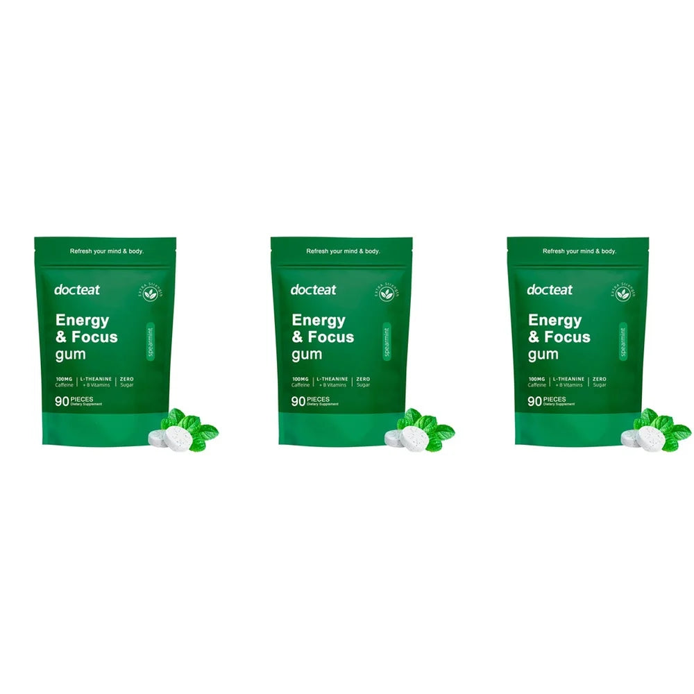 Docteat Energy & Focus Gum Chewable Tablets Zero Sugar with Green Coffee Extract, L-Theanine, Vitamin B6+B12 90 Chewable Tablets