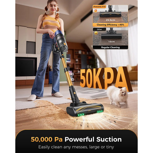 Proscenic P15 Cordless Vacuum Cleaner, 580W 50Kpa Suction, 70 Min Runtime, Anti-tangle Brush, Green Light, 6 Layers Filter