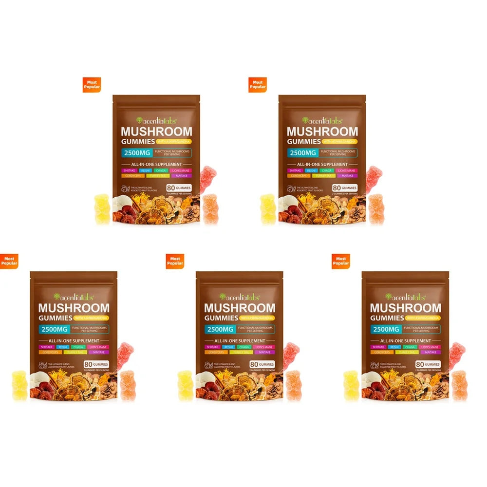 Mushroom Complex Gummies 2500mg Blend with Lion's Mane Reishi Chaga Cordyceps & Ashwagandha for Brain Focus Memory Clarity 80 Ct
