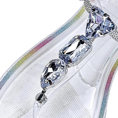 Women's Rhinestone T-Strap Clip Toe Jelly Flip Flop Sandals Summer Buckle Non-Slip Clear Crystal Thong Flat  for Beach Daily