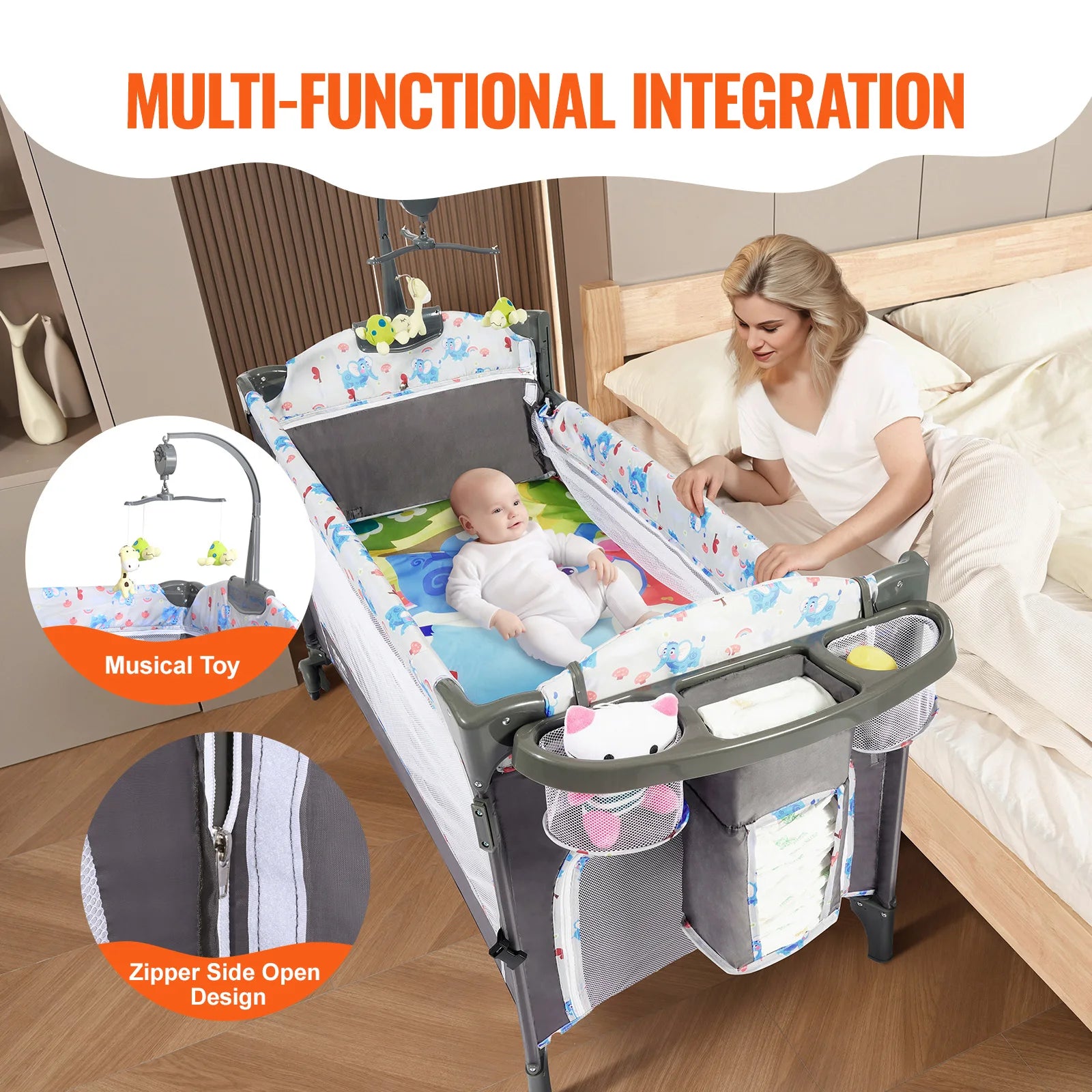 SucceBuy Baby Bassinet 77 pounds Load Capacity Easy to Fold Portable Bassinet Bedside Sleeper with Storage Basket and Wheels - Merit Sell