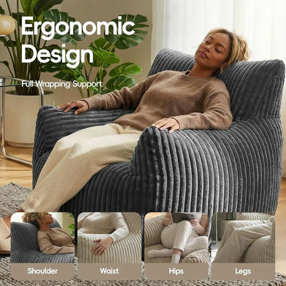 Adult Bean Bag Chair High Support Foam Cushion Corduroy Armrest Living Bedroom Gaming Gray Custom