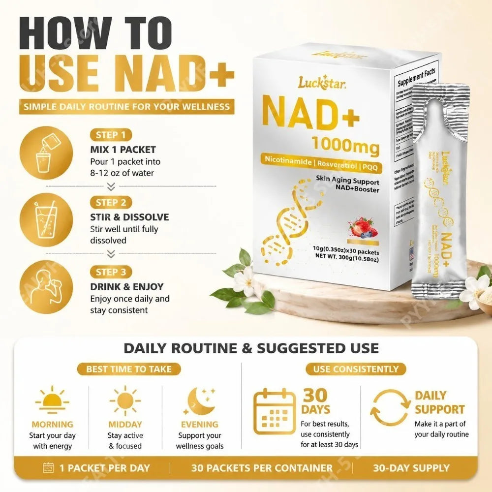 Luckstar NAD+ Supplement 1000mg NAD+ Level Support Skin Aging Support Nicotinamide Riboside Trans-Resveratrol PQQ Plus 30 CT