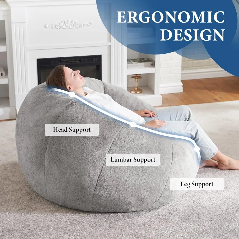 Large Bean Bag Chair for Adults, Donut-Shaped Couch with Memory Foam, Soft Faux Fur, Spacious Design for Reading & Relaxing, Grey