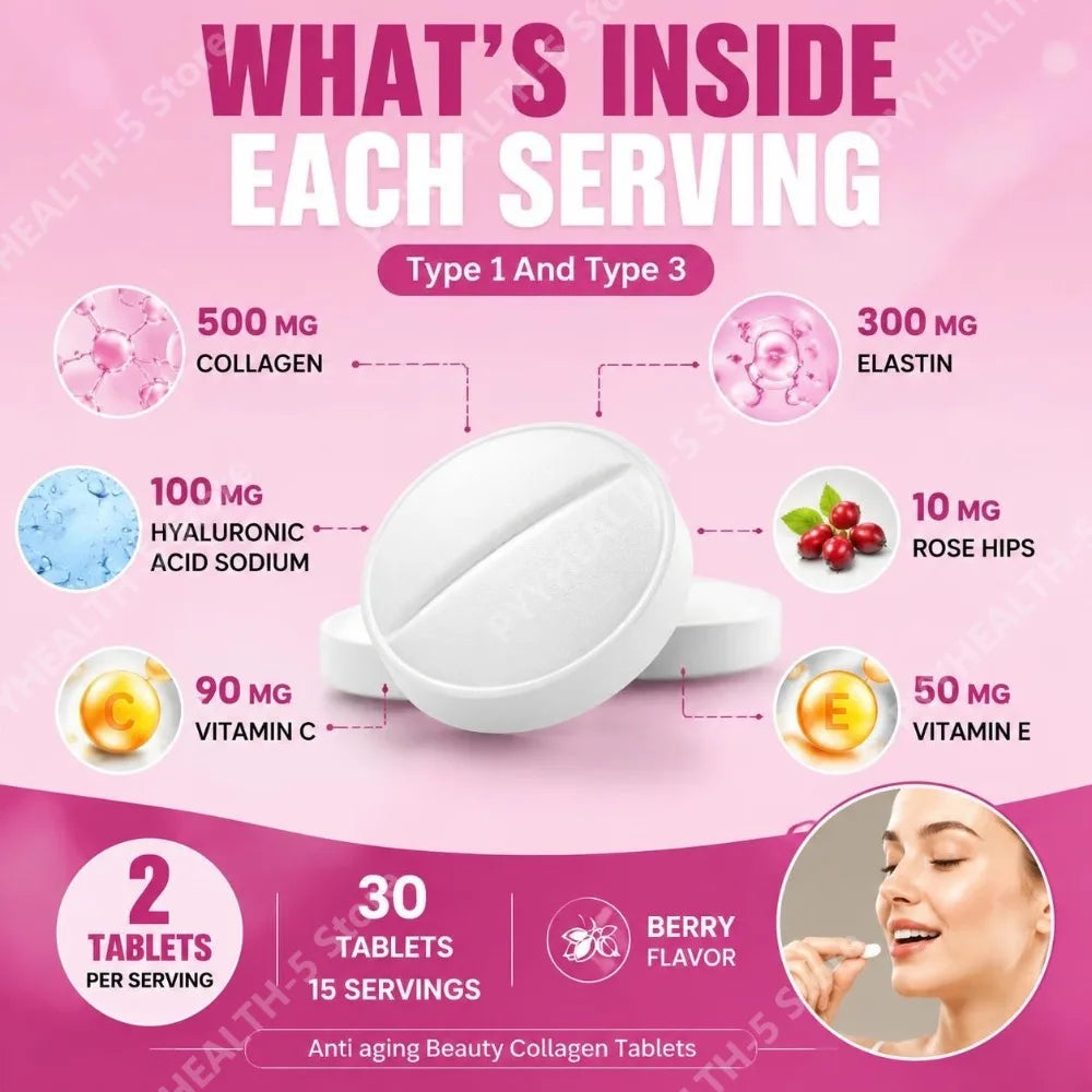 Collagen Tablets with Hyaluronic Acid Sodium Vitamins C and E Support Skin, Hair, Nails, and Joint Health 30 Tablets