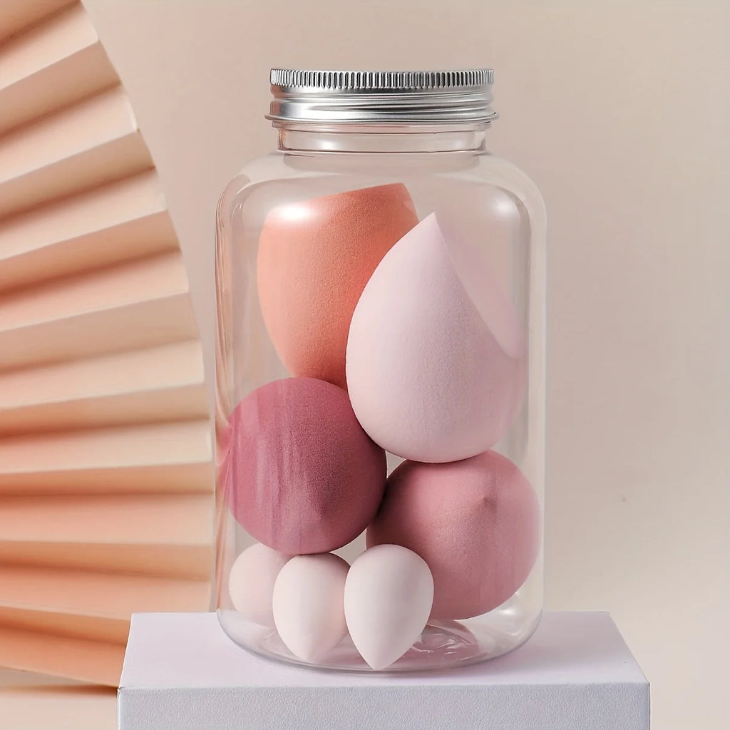 7Pcs Jelly Texture Sponges - Hydrophilic Latex-Free with Portable Jar | Hypoallergenic Makeup Kit for Sensitive Skin All Skins