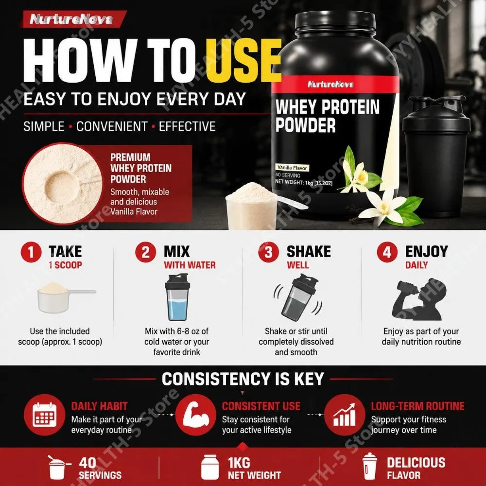 NurtureNova Whey Protein Powder Build Muscle Muscle Recovery Sports Vanilla Flavor Whey Protein Powder 40 Servings 1kg (35.2oz)
