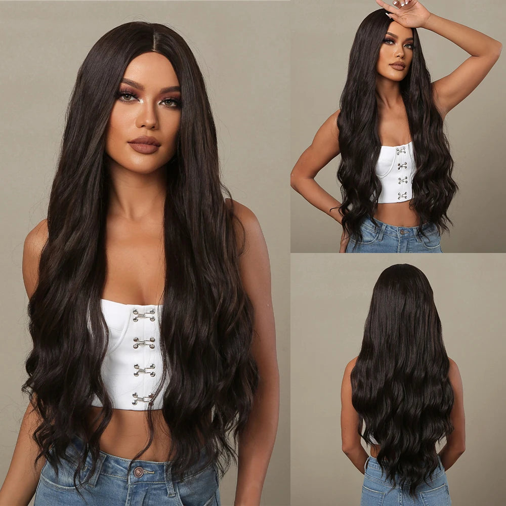ALAN EATON Long Curly Wavy Synthetic Wigs for Women Brown to Blonde Ombre Hair Wig Ntural Middle Parted Party Wig Heat Resistant