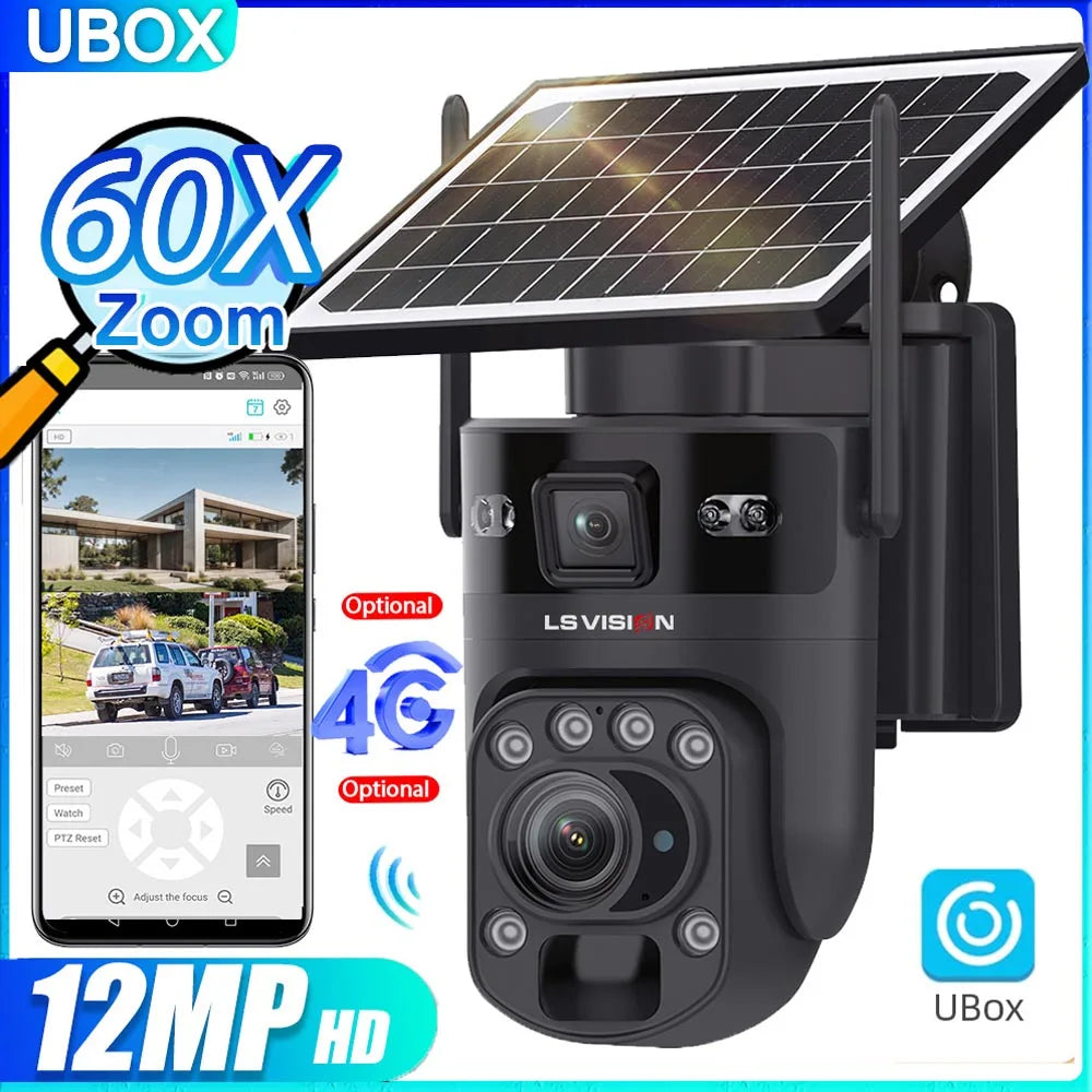 Ubox Camera 12MP 4G Solar Camera Dual Screens Dual Lens 60X Zoom WiFi Surveillance Cameras PTZ PIR Detection Auto Tracking Ubox