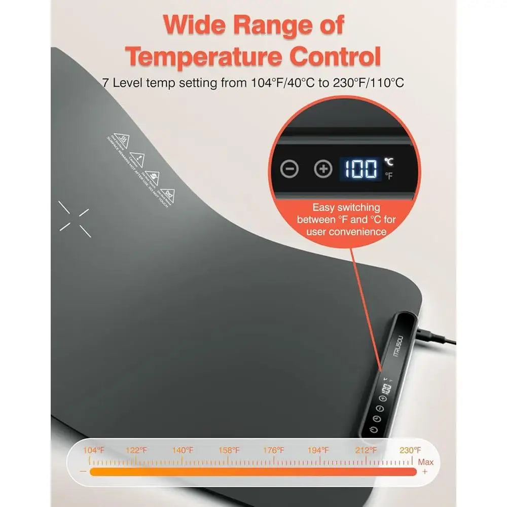 Silicone Electric Warming Mat Food Tray with 7 Temp Settings Auto Shut Off Timer Fahrenheit Celsius Easy Clean Large Surface - Merit Sell