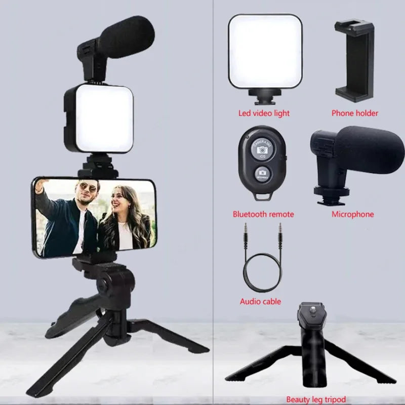 Smartphone Vlogging Kit With Tripod Phone Holder Mini Microphone LED Fill Light Starter For TikTok Live Stream Video YouTube - Merit Sell