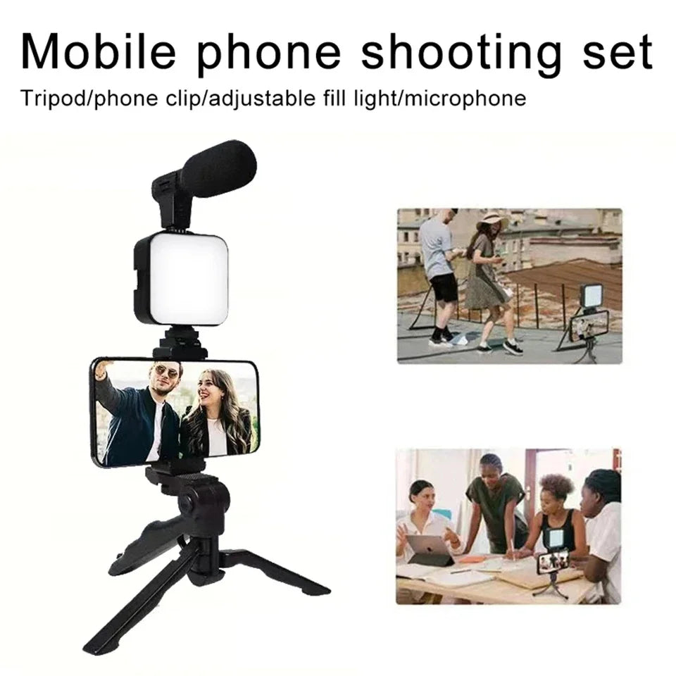 Smartphone Vlogging Kit With Tripod Phone Holder Mini Microphone LED Fill Light Starter For TikTok Live Stream Video YouTube - Merit Sell