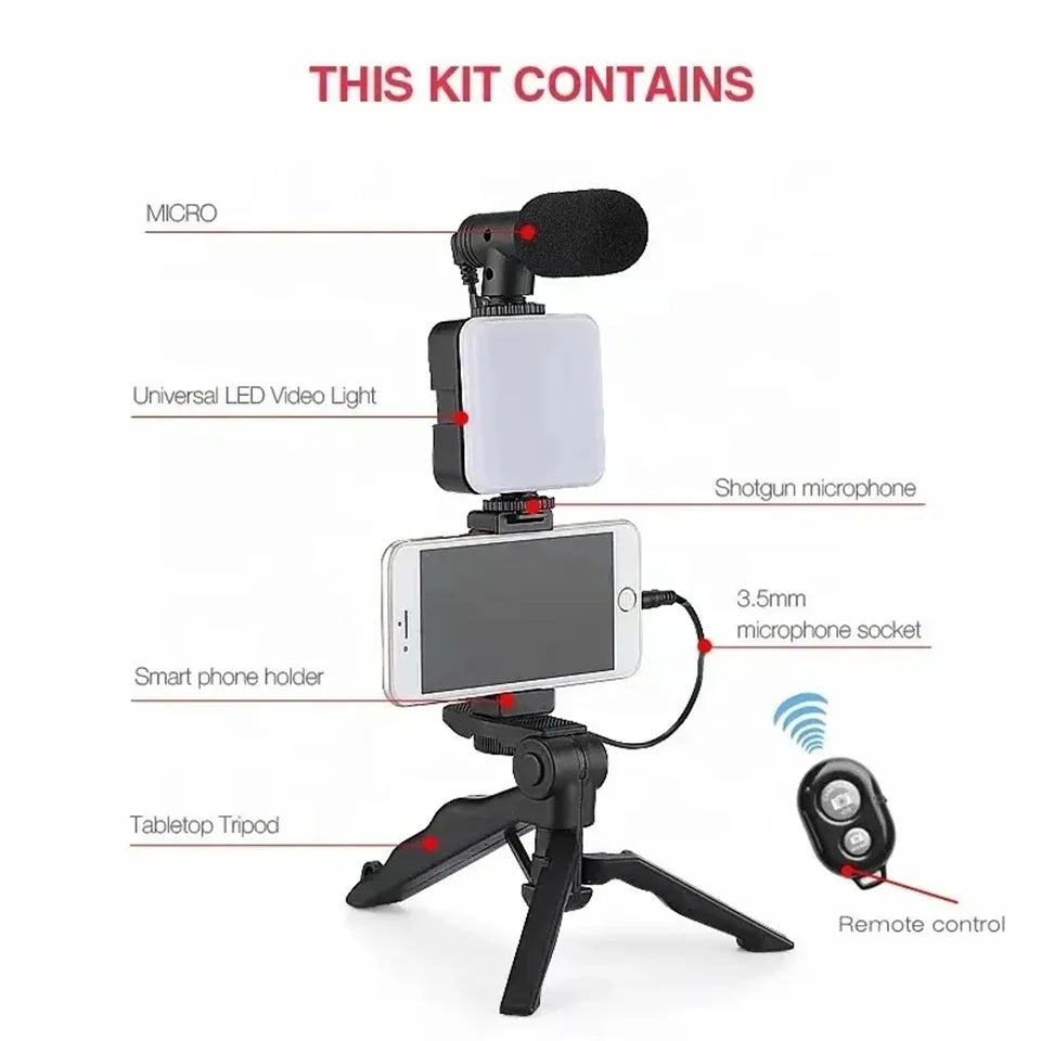 Smartphone Vlogging Kit With Tripod Phone Holder Mini Microphone LED Fill Light Starter For TikTok Live Stream Video YouTube - Merit Sell