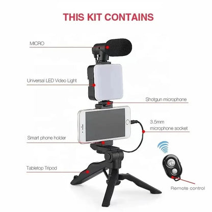 Smartphone Vlogging Kit With Tripod Phone Holder Mini Microphone LED Fill Light Starter For TikTok Live Stream Video YouTube - Merit Sell