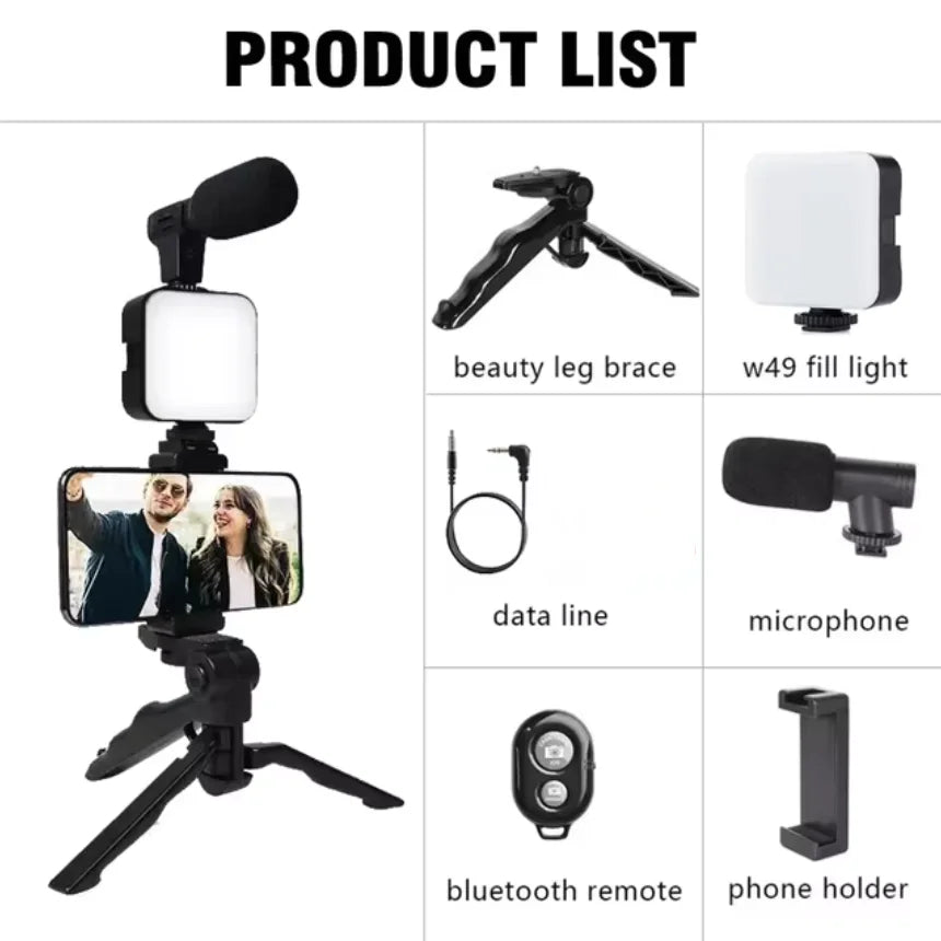 Smartphone Vlogging Kit With Tripod Phone Holder Mini Microphone LED Fill Light Starter For TikTok Live Stream Video YouTube - Merit Sell