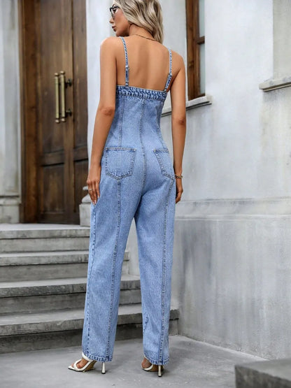 Spaghetti Strap Denim Overalls with Pockets - Merit Sell