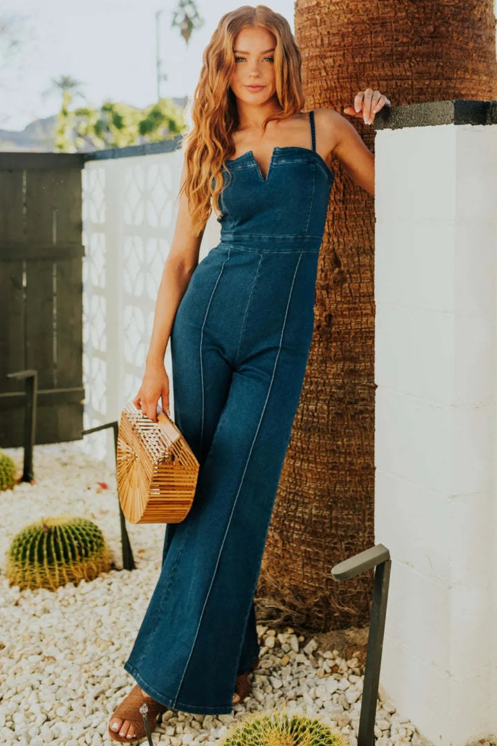 Spaghetti Strap Wide Leg Denim Jumpsuit - Merit Sell