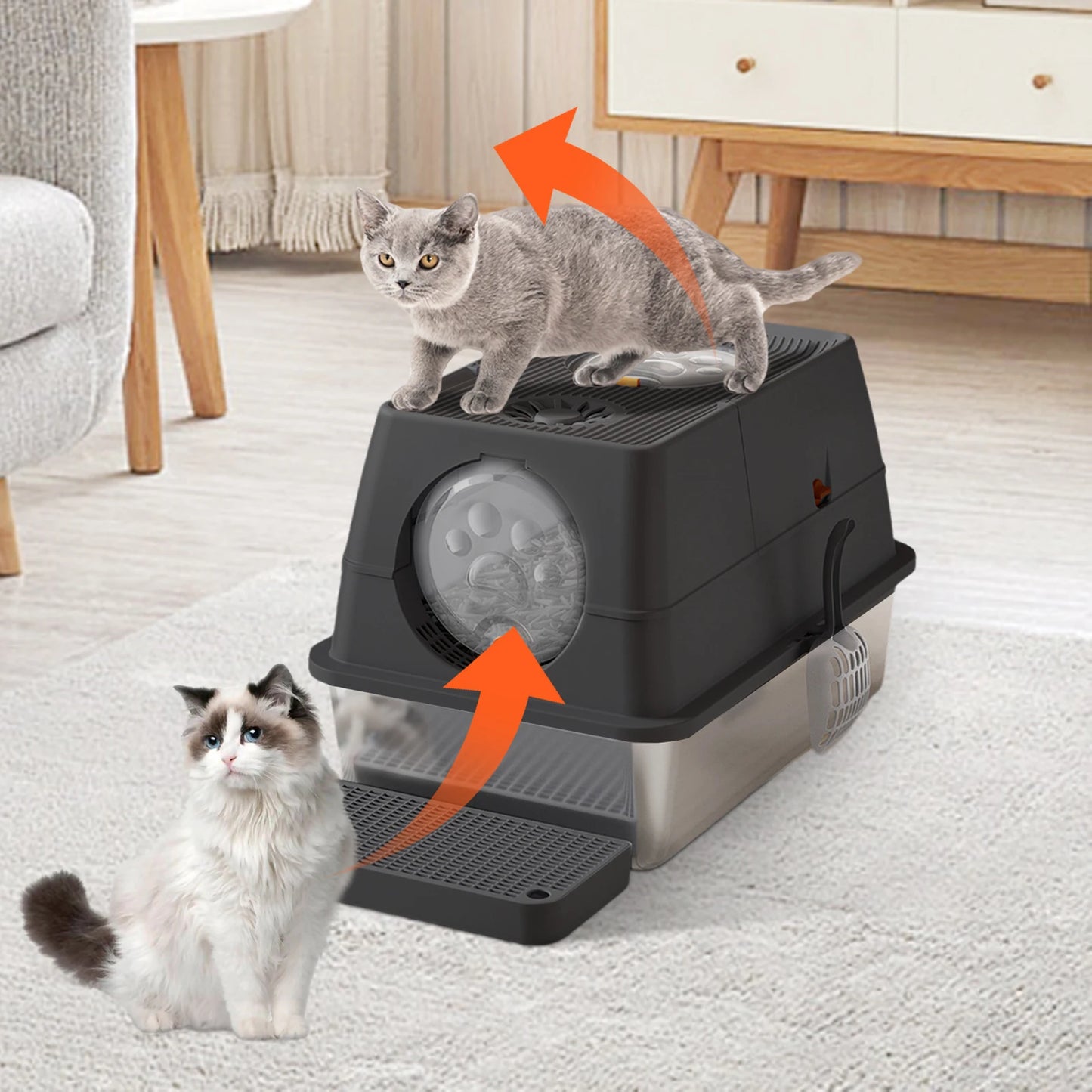 Stainless Steel Cat Litter Box with Lid Large Enclosed High Sided Litter Box Carbon Filters Easy Cleaning Anti-Urine Leakage - Merit Sell
