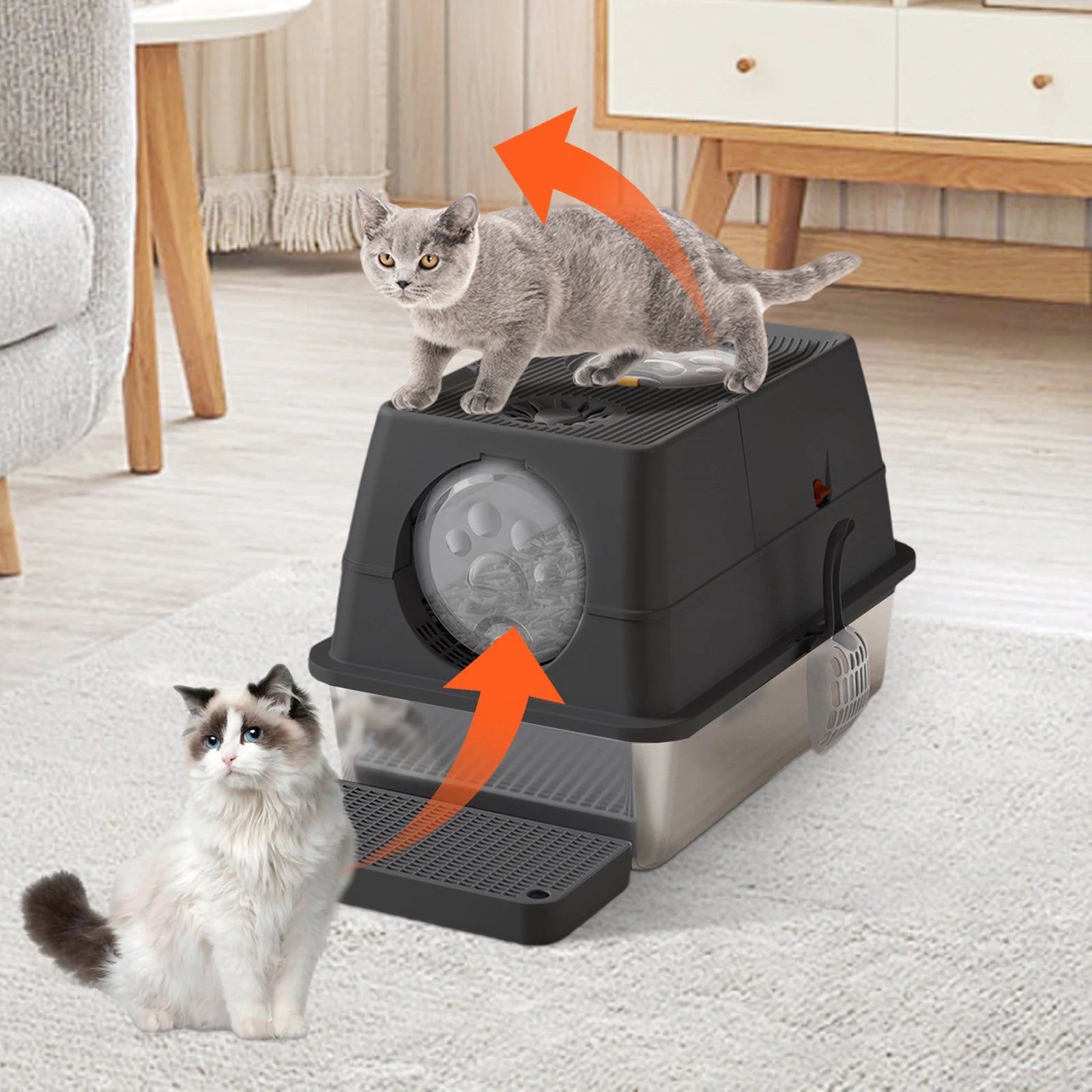 Stainless Steel Cat Litter Box with Lid Large Enclosed High Sided Litter Box Carbon Filters Easy Cleaning Anti-Urine Leakage - Merit Sell