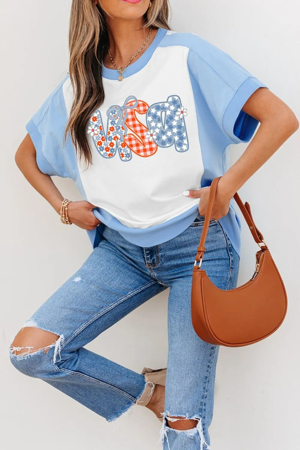 Star Plaid Flower USA Graphic Color Block Crewneck T Shirt - Merit Sell