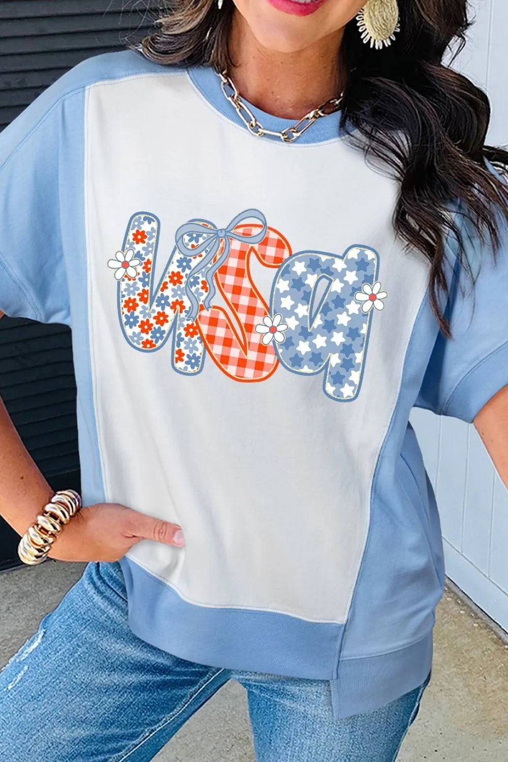 Star Plaid Flower USA Graphic Color Block Crewneck T Shirt - Merit Sell