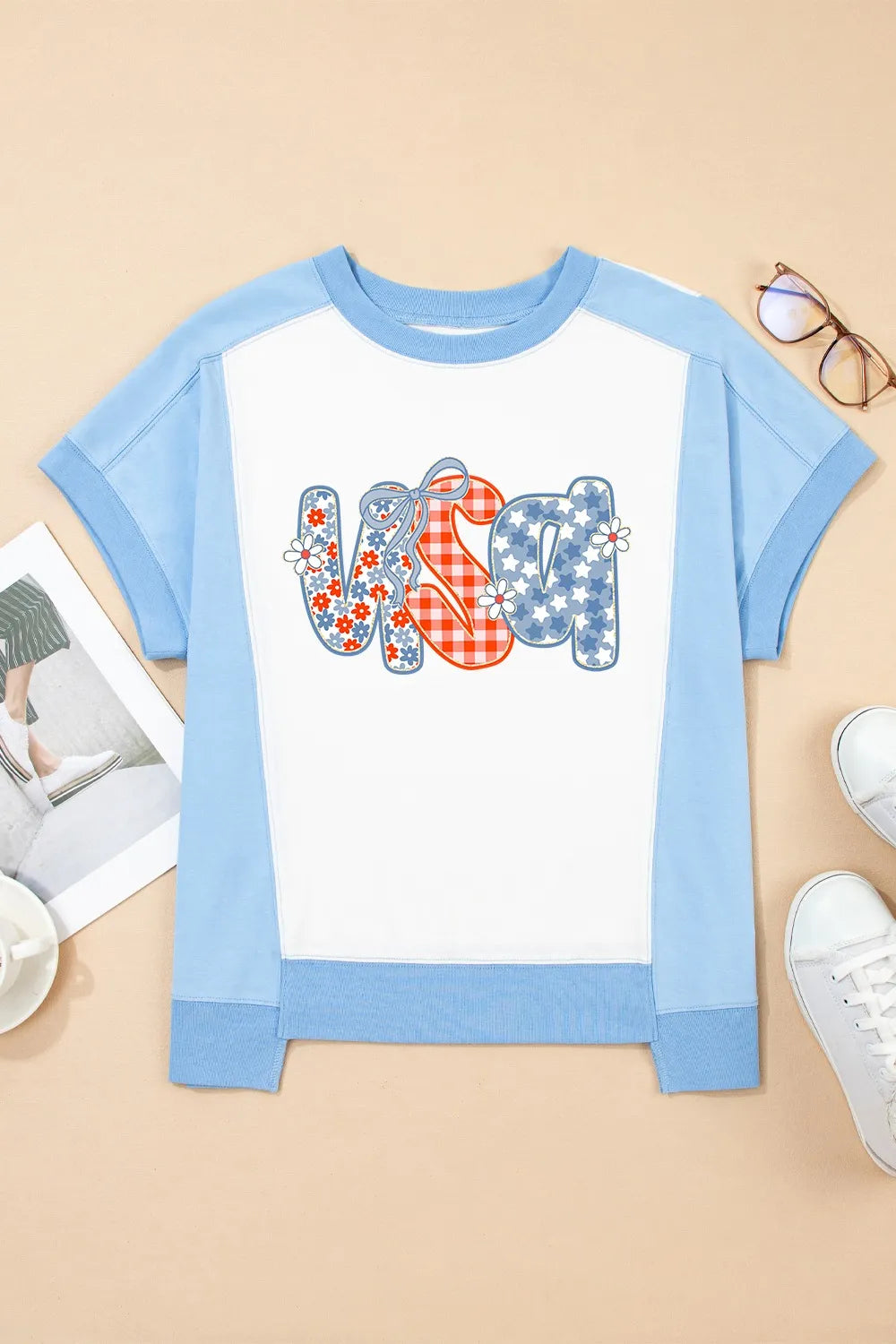 Star Plaid Flower USA Graphic Color Block Crewneck T Shirt - Merit Sell