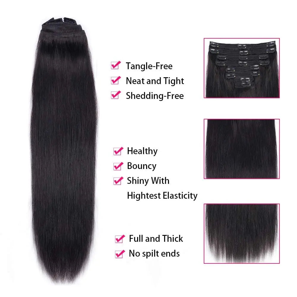 Straight Clip in Hair Extensions Real Human Hair 8Pcs Remy Human Hair Clip Natural Soft Human Hair 120g #1B Natural Black - Merit Sell