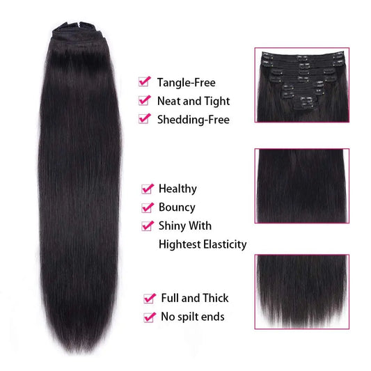 Straight Clip in Hair Extensions Real Human Hair 8Pcs Remy Human Hair Clip Natural Soft Human Hair 120g #1B Natural Black - Merit Sell