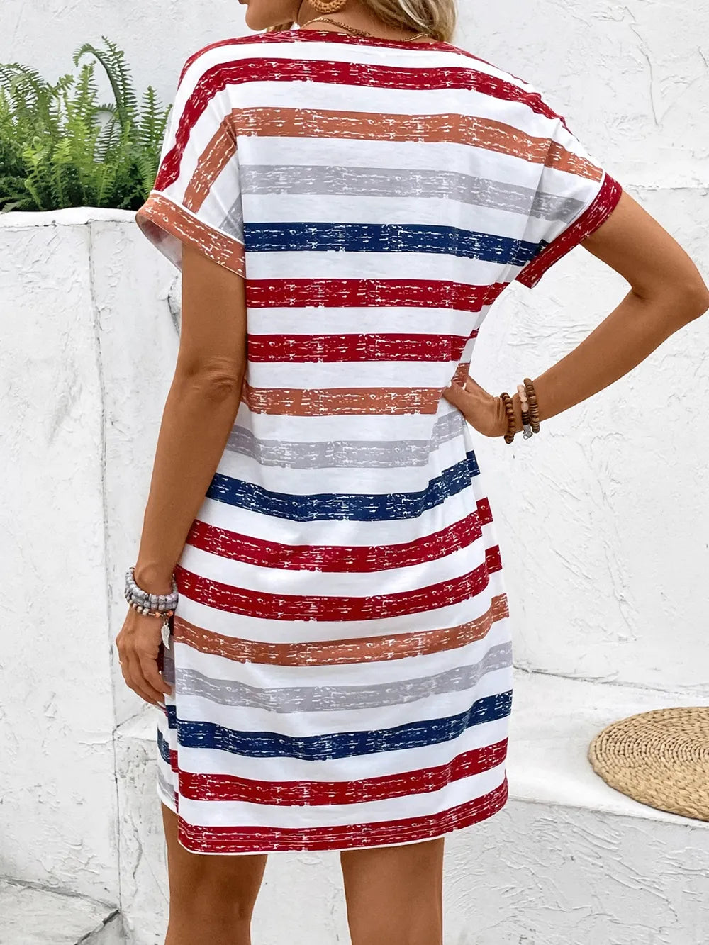 Striped V-Neck Short Sleeve Dress - Merit Sell