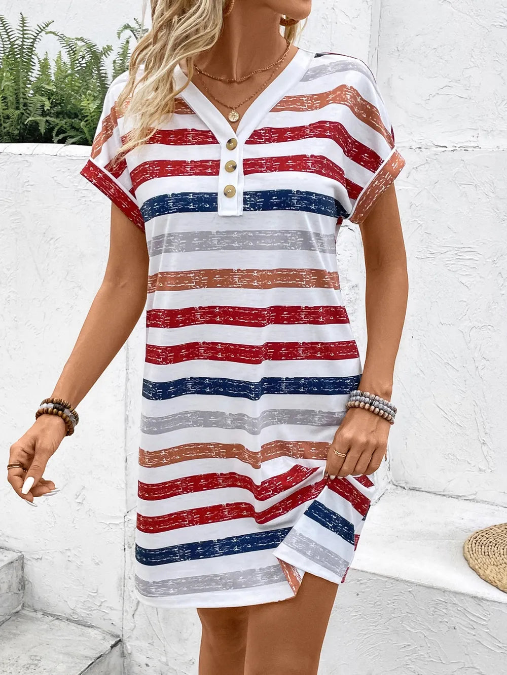 Striped V-Neck Short Sleeve Dress - Merit Sell