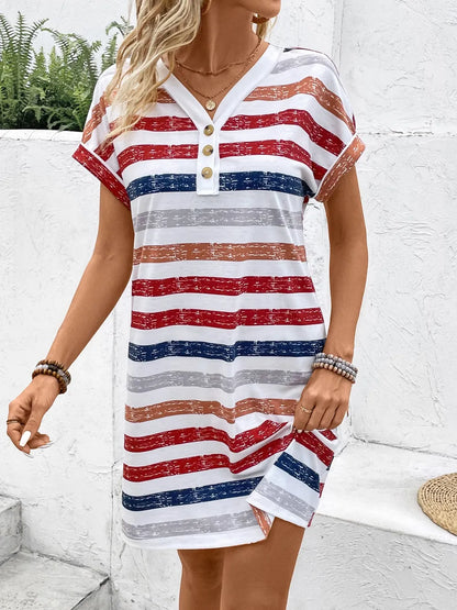 Striped V-Neck Short Sleeve Dress - Merit Sell