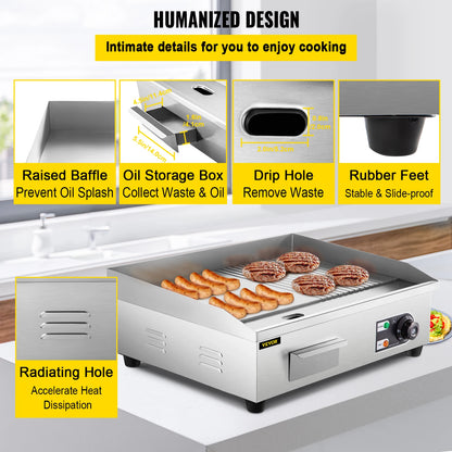 SucceBuy 14"-22" Electric Countertop Griddle Teppanyaki Grill 1600W/3200W Stainless Steel Flat Top Grills for Pancake Chicken - Merit Sell