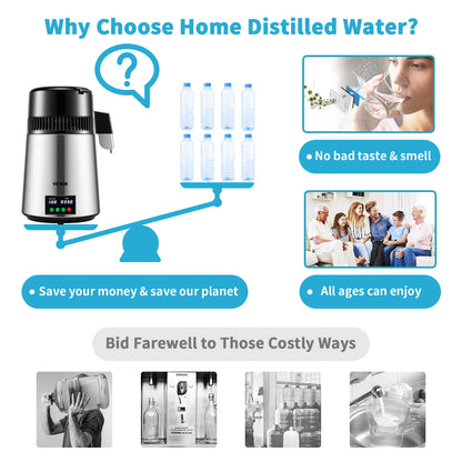 SucceBuy 4L Water Distiller Purifier Filter 1 L/H Distilling Speed Dispenser Drinking Bottle Softener Touch Screen Home Use - Merit Sell