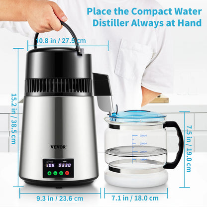 SucceBuy 4L Water Distiller Purifier Filter 1 L/H Distilling Speed Dispenser Drinking Bottle Softener Touch Screen Home Use - Merit Sell