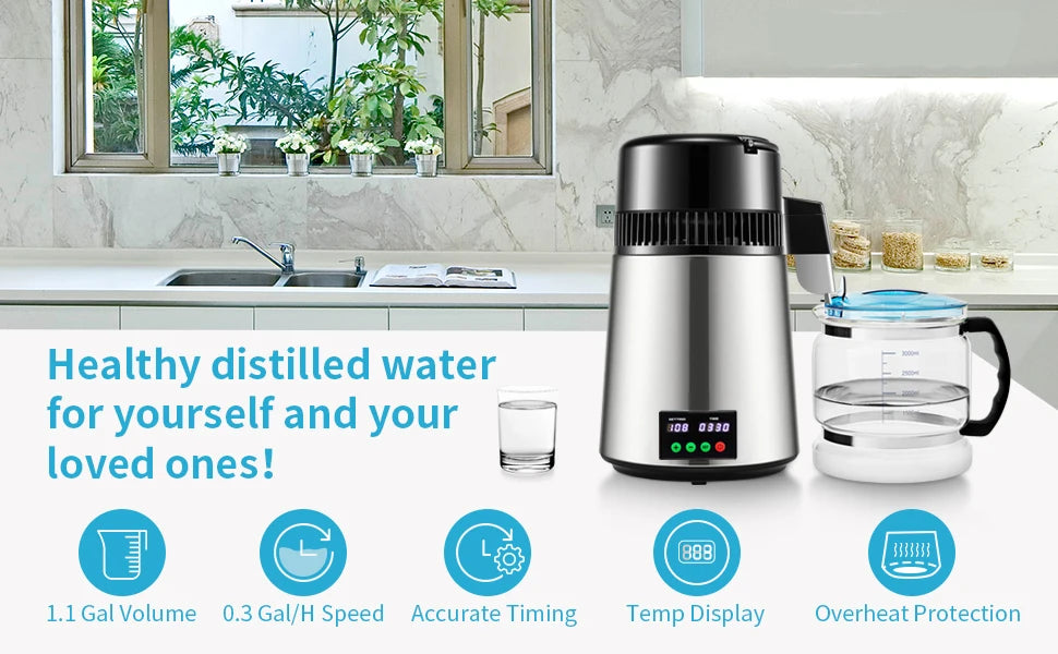 SucceBuy 4L Water Distiller Purifier Filter 1 L/H Distilling Speed Dispenser Drinking Bottle Softener Touch Screen Home Use - Merit Sell