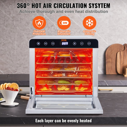 SucceBuy 6 Trays Food Dehydrator Machine 700W Stainless Steel Electric Food Dryer w/ Digital Adjustable Timer & Temperature - Merit Sell
