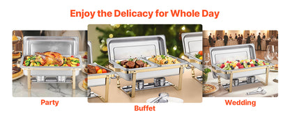 SucceBuy 8 Qt 4 Pack Chafing Dish Buffet Set Stainless Steel Chafer with 2 Full Size and 4 Half Size Pans Catering Warmer Server - Merit Sell