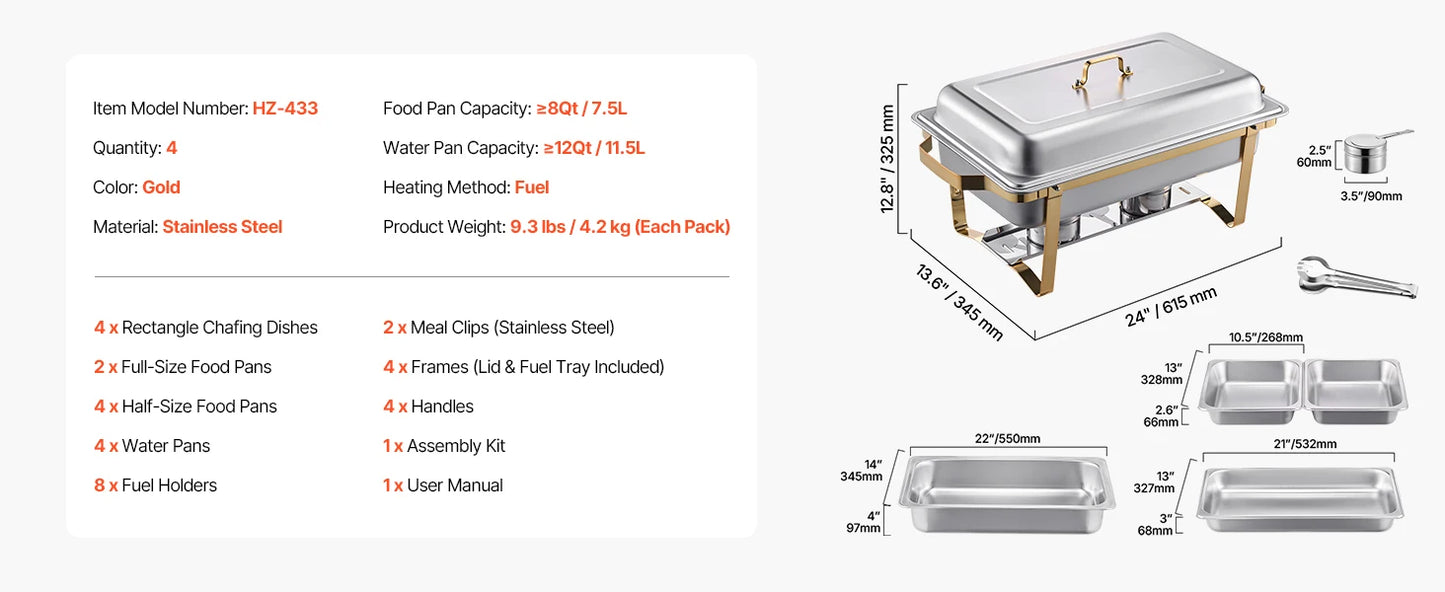 SucceBuy 8 Qt 4 Pack Chafing Dish Buffet Set Stainless Steel Chafer with 2 Full Size and 4 Half Size Pans Catering Warmer Server - Merit Sell